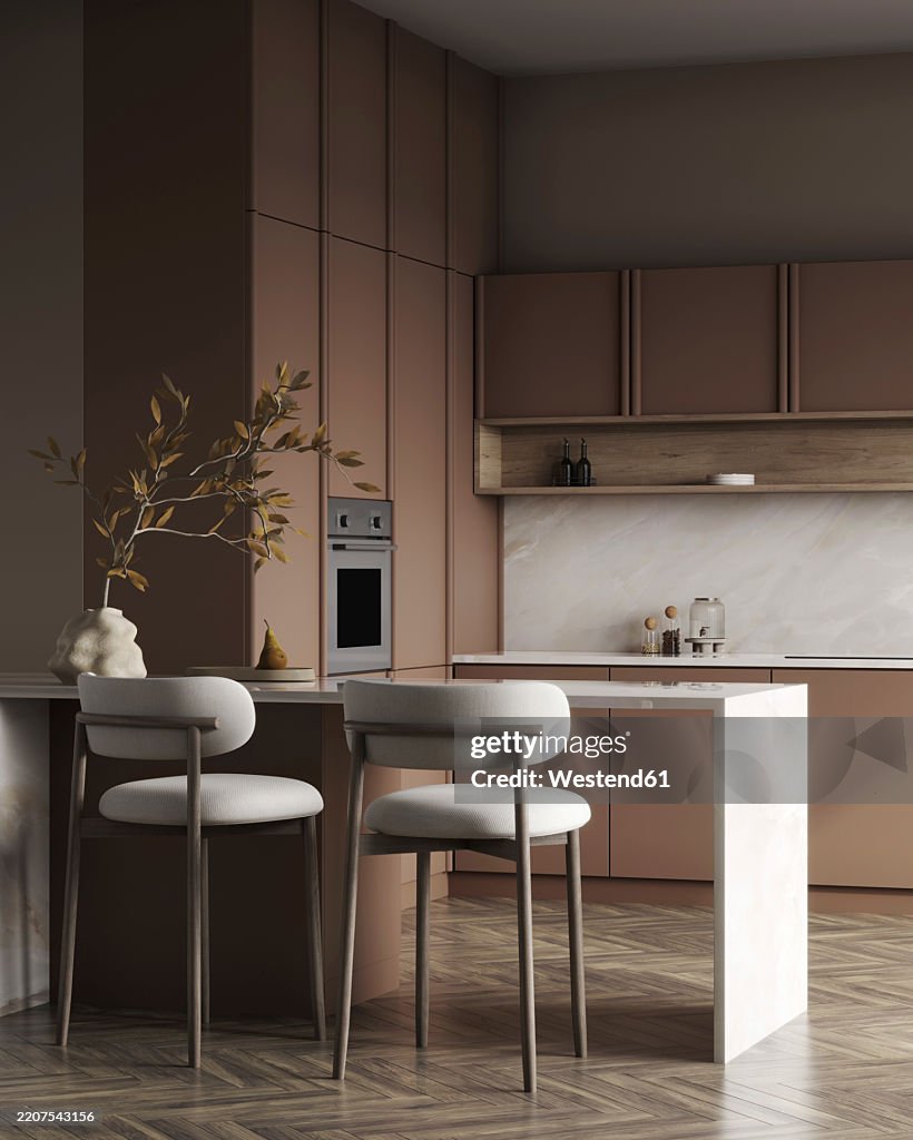 Stylish Brown Kitchen Interior With Mocha Mousse Color And Modern ...