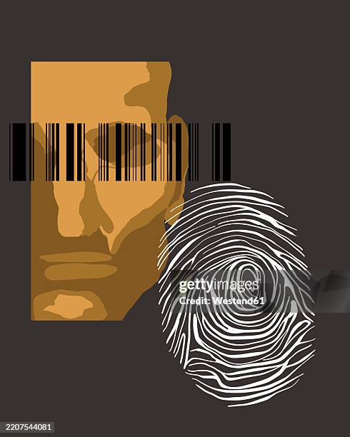 abstract illustration of a man's face with a barcode and fingerprint symbolizing identification and control - personal data stock illustrations