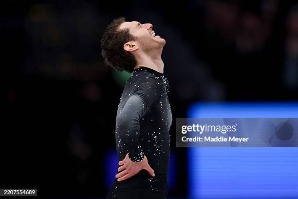 Jason Brown of the United States reacts after his routine in Men's Free Skating during the 2025 ISU World Figure Skating Championships at TD Garden...
