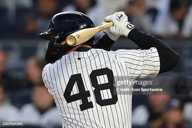 Paul Goldschmidt of the New York Yankees at bat using a Torpedo bat during the game against the Arizona Diamondbacks on April 1, 2025 at Yankee...