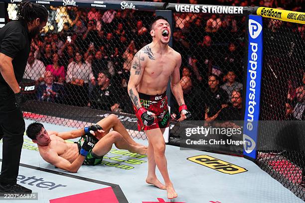 Brandon Moreno of Mexico reacts after a flyweight fight against Steve Erceg of Australia during the UFC Fight Night event at CDMX Arena on March 29,...