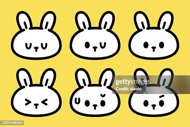 a cute easter bunny with no mouth, facial expression collection, six emoticons, front view, black outline with flat colors, and minimalist style - rabbit mouth stock illustrations
