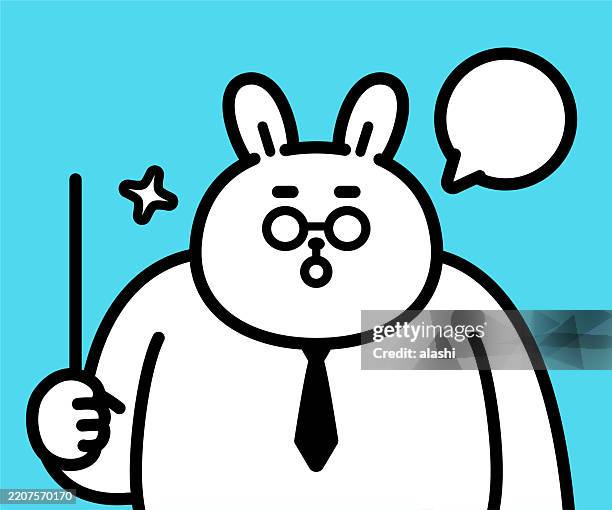 the boss bunny, wearing glasses, in business attire, holding a teacher's pointer stick, talking and explaining. front view, black outline with flat colors, minimalist style - year of the rabbit stock illustrations