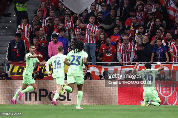 Barcelona's Spanish forward Ferran Torres celebrates scoring the opening goal during the Spanish Copa del Rey semi-final second leg football match...