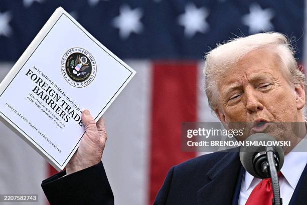 President Donald Trump delivers remarks on reciprocal tariffs during an event in the Rose Garden entitled "Make America Wealthy Again" at the White...