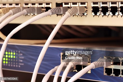 Computer network hub and switch with many data cables Computer network hub and switch with many data cables