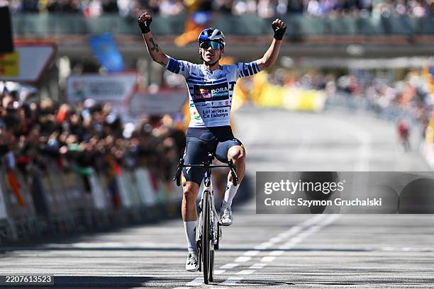 Primoz Roglic of Slovenia and Team Red Bull- BORA - Hansgrohe - Blue Points Jersey celebrates at finish line as stage winner during the 104th Volta...