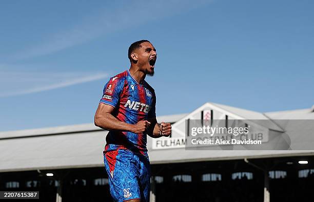 Maxence Lacroix of Crystal Palace celebrates victory after the Emirates FA Cup Quarter Final match between Fulham and Crystal Palace at Craven...