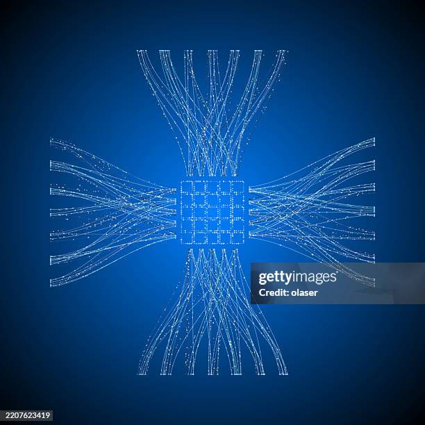 a captivating digital representation featuring intertwined lines and patterns in a vibrant blue color palette, conveying a sense of movement and energy. - quantum computing stock illustrations