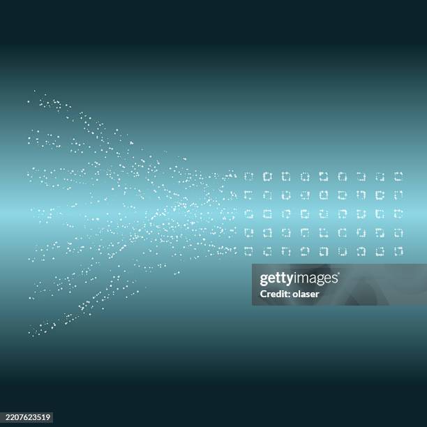 digital design featuring luminous particle-like dots dispersing across a gradient background, conveying a sense of motion and depth. - flight simulation stock illustrations