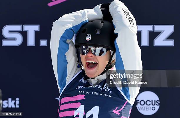 Kaila Kuhn of The USA reacts after winning the Gold Medal after she competes during Women's Aerials Finals during Day 14 of the FIS Snowboard,...