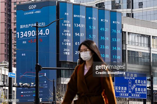 Public screen displays China's gross domestic product figure for 2024 in Shanghai, China, on Thursday, April 3, 2025. The US has hit China with the...