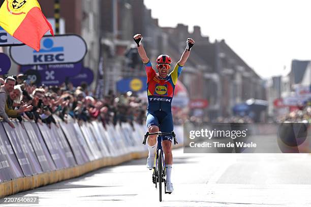 Mads Pedersen of Denmark and Team Lidl - Trek celebrates at finish line as race winner during the 87th Gent-Wevelgem in Flanders Fields 2025, Men's...