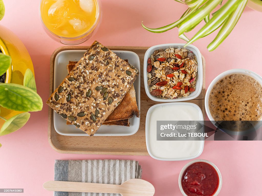 Breakfast cereal, cottage cheese and coffee
