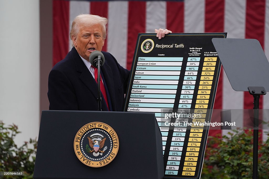 President Donald Trump holds a chart as he announces a plan for... News