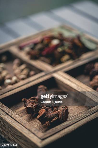 spices in wooden box - dried food stock pictures, royalty-free photos & images