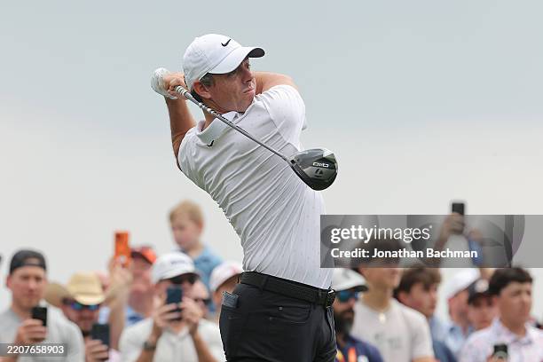 Rory McIlroy of Northern Ireland hits his tee shot on the fourth hole during the final round of the Texas Children's Houston Open 2025 at Memorial...