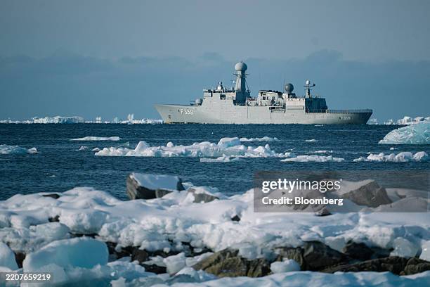 The Royal Danish Navy Thetis-class warship HDMS Vaedderen sails past sea ice off the coast of Nuuk, Greenland, on Wednesday, April 2, 2025. Danish...