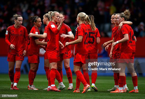 Players of FC Bayern München celebrate scoring their second goal during the Google Pixel Frauen-Bundesliga match between FC Bayern München and Bayer...