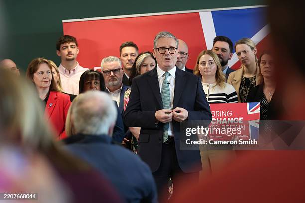 Prime Minister Keir Starmer speaks as the Labour Party launch their local election campaign at Peak Pharmacy, PCT Healthcare Ltd on April 3, 2025 in...
