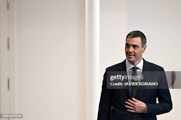 Spanish Prime Minister Pedro Sanchez arrives to deliver a public statement at La Moncloa Palace in Madrid on April 3, 2025. Spanish Prime Minister...