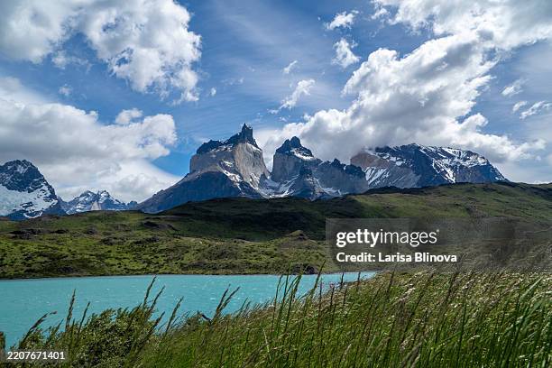 pehoe lake and cuernos del paine in torres del paine national park - santiago região metropolitana de santiago - fotografias e filmes do acervo