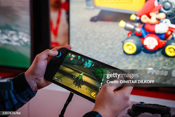 Guest plays Mariokart World of the new Nintendo Switch 2 video-game console system of Japanese video-game company Nintendo during the worldwide...