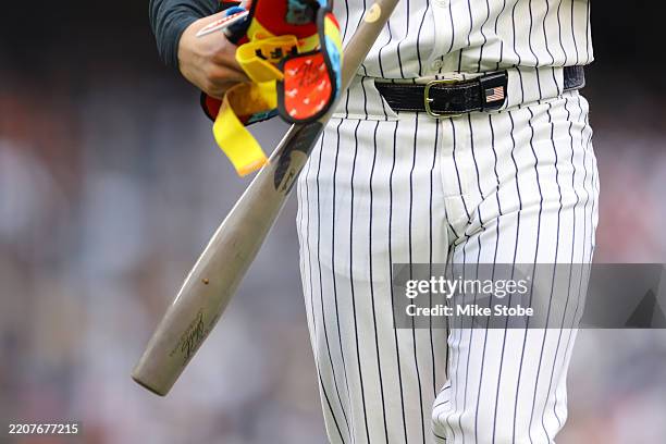 Detailed view of Jazz Chisholm Jr. #13 of the New York Yankees bat during the sixth inning against the Milwaukee Brewers at Yankee Stadium on March...