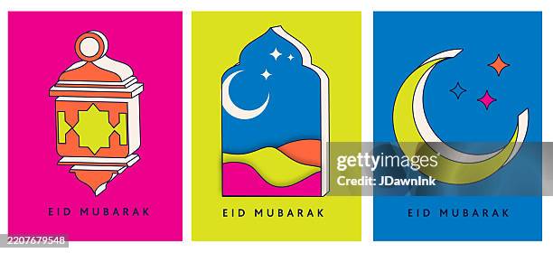 set of bright and colorful abstract eid mubarak al fitr islamic greetings includes arabic lantern, mosque doorway entrance, crescent moon design banner or template - eid stock illustrations