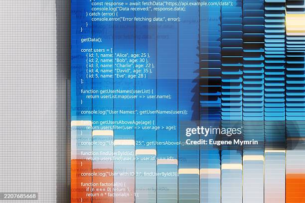 colorful data flow visualization with programming code displayed on transparent panels - database stockfoto's en -beelden