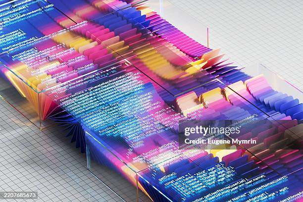 colorful data flow visualization with programming code displayed on transparent panels - circuler photos et images de collection