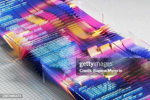 Colorful data flow visualization with programming code displayed on transparent panels Colorful data flow visualization with programming code displayed on transparent panels