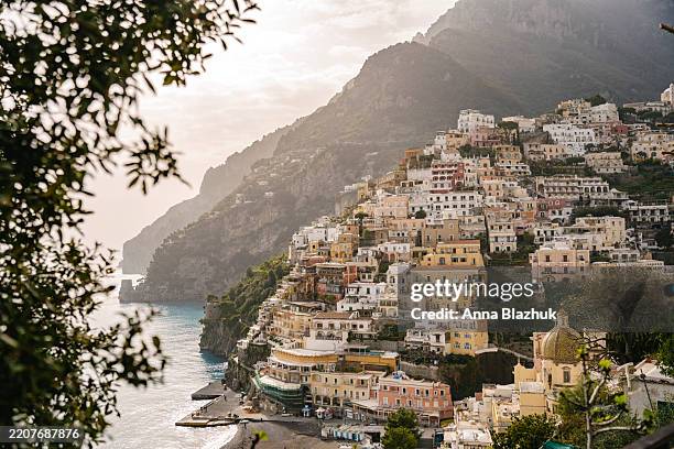 scenery of positano town on amalfi coast in campania region of the southern italy - campania stock pictures, royalty-free photos & images