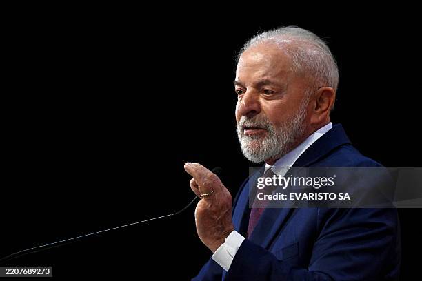 Brazil's President Luiz Inacio Lula da Silva speaks during an event to highlight accomplishments in the first two years in office in Brasilia on...