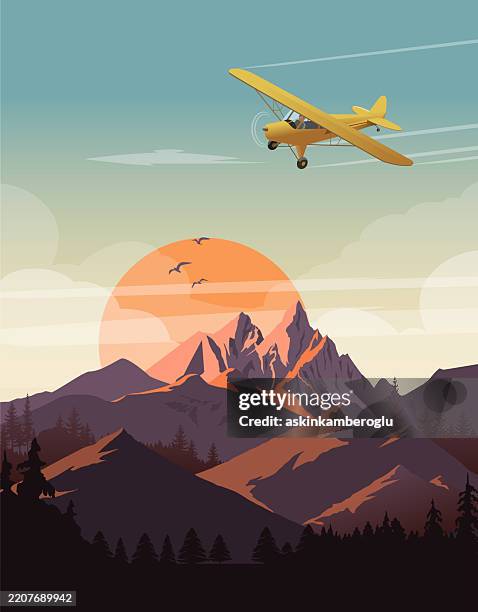 airplane flying over mountain - propeller airplane stock illustrations