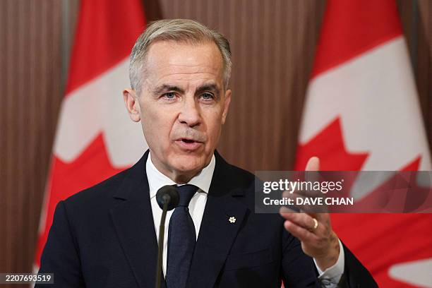 Canada's Prime Minister Mark Carney speaks at a news conference about the US tariffs on Parliament Hill in Ottawa on April 3, 2025. Canada said it...