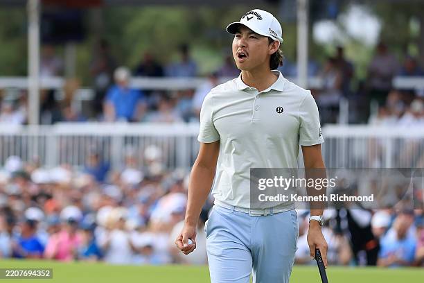 Min Woo Lee of Australia celebrates after a putt on the 18th hole greenduring the final round of the Texas Children's Houston Open 2025 at Memorial...