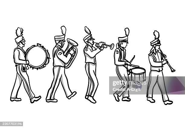 stockillustraties, clipart, cartoons en iconen met marchingbandmusicianssketch - blaasinstrument