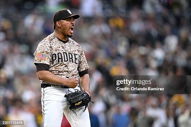 Jeremiah Estrada of the San Diego Padres celebrates after a 5-0 win over the Atlanta Braves at Petco Park on March 30, 2025 in San Diego, California.