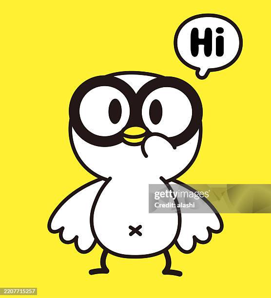 a cute bird wearing large glasses, smiling, greeting, saying "hi", standing. front view, black outline with flat colors, minimalist style - cartoon bird with glasses stock illustrations