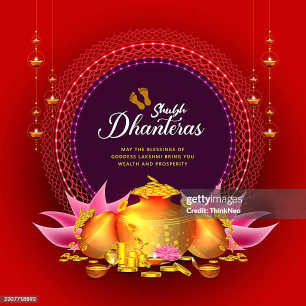 happy dhanteras holiday background with temple and golden coin pot - lucky lotus stock illustrations