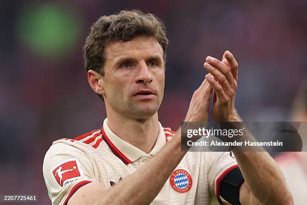 Thomas Müller of FC Bayern München looks on after winning the Bundesliga match between FC Bayern München and FC St. Pauli 1910 at Allianz Arena on...
