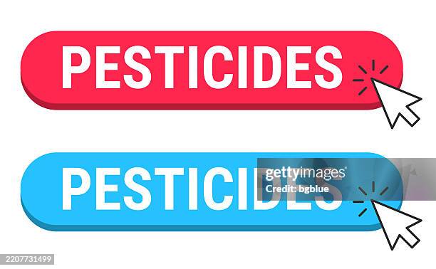 pesticides - red and blue buttons with cursor on white background - crop sprayer stock illustrations