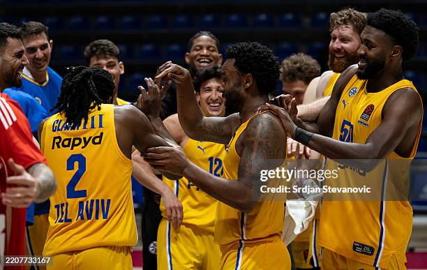 Players of Maccabi celebrate after winning the Turkish Airlines EuroLeague Regular Season Round 33 match between Maccabi Playtika Tel Aviv and FC...