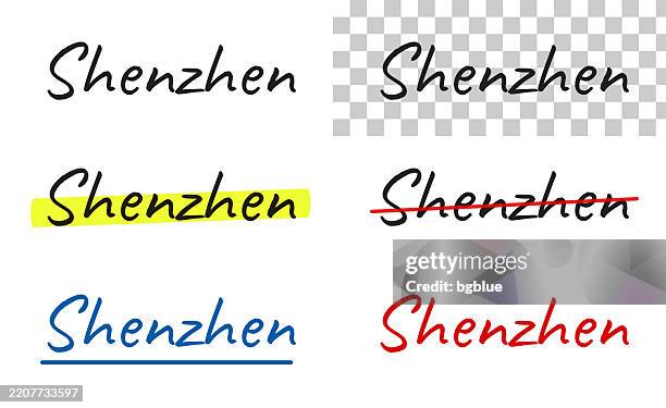 shenzhen - handwritten text, highlighted, crossed out, underlined on blank background - shenzhen stock illustrations