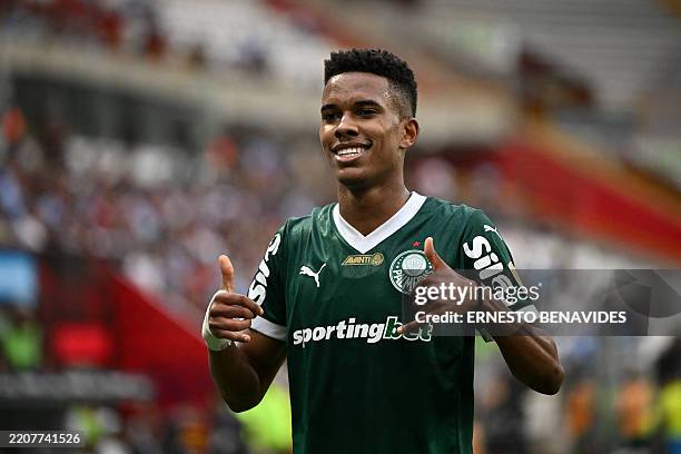 Palmeiras' forward Estevao Willian celebrates after scoring during the Copa Libertadores group stage first round football match between Peru's...