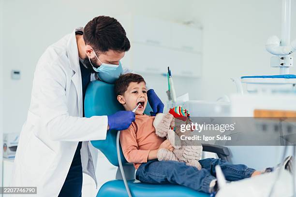 dentista examinando los dientes de un niño pequeño que sostiene un oso de peluche en una clínica dental - odontopediatría fotografías e imágenes de stock