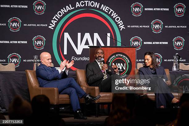 Former Representative Max Rose, a Democrat from New York, from left, Michael Blake, New York City mayoral candidate, and Jennifer Jones Austin, vice...