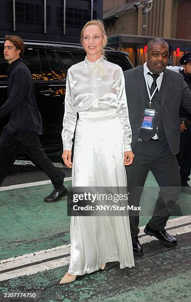 Uma Thurman is seen at the "Good Night And Good Luck," Broadway opening night on April 3, 2025 in New York City.