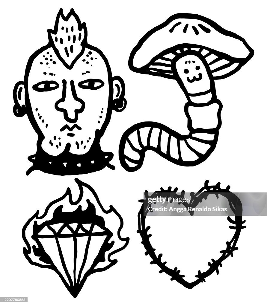 Punk man head face, mushroom worm, burning diamond, thorn heart shape doodle black and white icon set